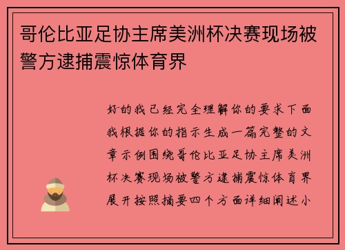 哥伦比亚足协主席美洲杯决赛现场被警方逮捕震惊体育界 哥伦比亚足协主席美洲杯决赛现场被警方逮捕震惊体育界